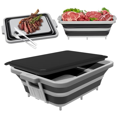 ANJUKE Zusammenklappbare Grillwanne mit Deckel (8L) – Falbbares Camping-Spülbecken mit Siebeinsatz | 4-in-1: Schneidebrett, Marinierbehälter, Aufbewahrungsbox & ServierTablett | Ideal für Picknick von ANJUKE