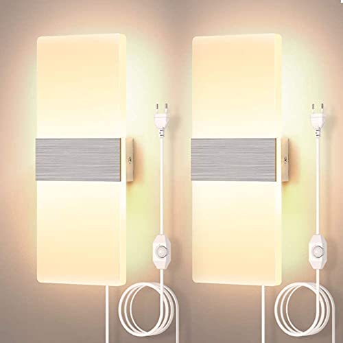 2 Stücke Steckbare in Wandleuchte Mit Stecker und Kabel Innen Aluminium Wandlampe Acryl Dimmbarem Moderne Schlafzimmer Nachttischlampe 3000K 12W für Wohnzimmer Korridor Wandbeleuchtung mit Stromkabel von ANKBOY