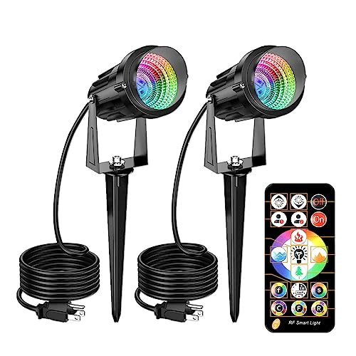 ANKBOY 2 Stücke Gartenleuchte für Außen mit Erdspieß, RGB Farbwechsel Gartenlampen mit Fernbedienung und Timer, IP65 Wasserdichte Gartenstrahler mit Kabel Stecker 12V für Bäume, Wege, Teich von ANKBOY