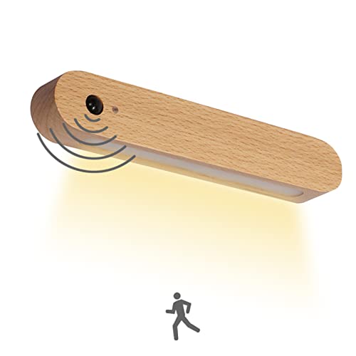 ANKBOY Holz Wandleuchte mit Bewegungsmelder Akku-LED-Wandlampe Sensor Licht USB Wiederaufladbar Schrankleuchten mit Magnetstreifen Warmweiß Beleuchtung für Küche Schrank Flur Wohnzimmer von ANKBOY