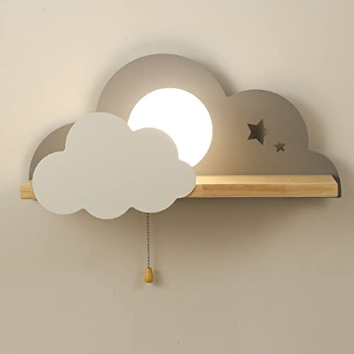 ANKBOY Kinderzimmer Wandleuchte mit Schalter Kreative Cartoon Wolken Kind Schlafzimmer Nachttischlampe mit Zugschalter E27 Sockel Moderne Wandleuchte Innen mit Holzpalette für Schlafzimmer (grey) von ANKBOY