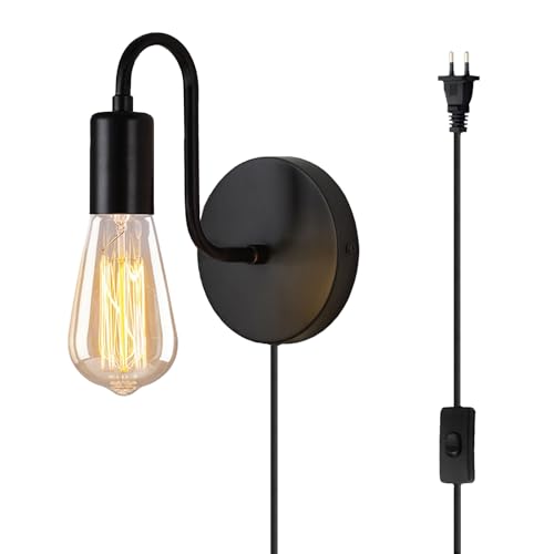 ANKBOY Vintage Wandleuchte mit Schalter und Stecker Innen Wandlampe mit Kabel Steckdose Schwarz Metall E27 Lampe Industrial Retro Wandbeleuchtung für Wohnzimmer Schlafzimmer Loft, Ohne Lichtquelle von ANKBOY