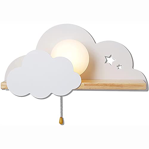 LED Wolken Wandleuchte mit Schalter Indoor Holz Wolke Wandlampen mit Zugschalter E27 Moderne Kinderzimmer Runder Glas Lampenschirm Wandbeleuchtung Weiß Mädchen Junge Schlafzimmer Wandspot Nachtlicht von ANKBOY