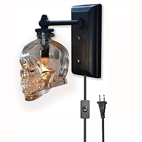 Totenkopf Lampe Wandlampe mit Schalter und Stecker LED Innen Vintage Schädel Wandleuchte Bones Retro Industrie Wandlampen Transparent Glas Schatten E14 Dekorative Beleuchtung Bar Party Schlafzimmer von ANKBOY