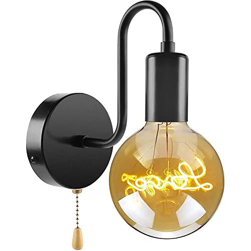 Vintage Innen Wandleuchte mit Schalter E27 Schwarz Wandlampe mit Zugschalter Leselicht Retro Industrielampe Wandspot Lampe Metall Wandbeleuchtung für Schlafzimmer Wohnzimmer Esszimmer Balkon Loft von ANKBOY