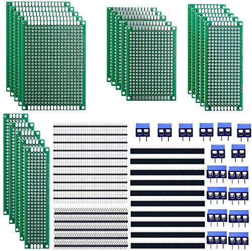 beihuazi® 60Stk PCB Board Leiterplatte Lochrasterplatine Kit Enthält 20 Doppelseitig Lochrasterplatte | Platine 15 PCB Lötbare Schraubklemmen und 25 pin header für Arduino von beihuazi