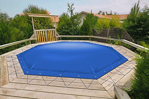 AirDeluxe Aufblasbare achteckige Poolabdeckung Poolplane aus LKW Plane 680 g/m² (1360g/m²) - stabile Winter Abdeckung (350cm x 350cm, Blau RAL5002) von ANKO PLANEN