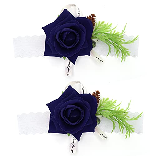 ANKROYU Brautjungfer Seiden Handgelenk Blume Hand Corsage Elegantes künstliches Blumenaccessoire für Hochzeitszeremonie Party Dekoration Seidenblume Material 2pcs Set Set (Blau) von ANKROYU