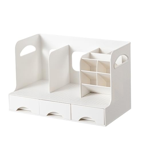ANKROYU Desktop Bücherregal Organizer Multifunktional moderner staubdestellter Platz sparen Plastiklager mit Schubladen für Bürostudienraum Schüler weiß (Mit Stifthaltereinsatz) von ANKROYU