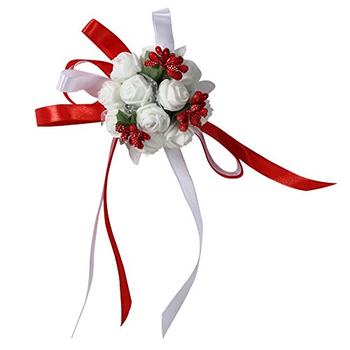 ANKROYU Schöne Handband Blume Brautbrautjungfer Handgelken Corsage Prom Hochzeitsfeier Dekorationen (Weiße Blumen und rote Perlen) von ANKROYU