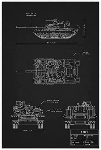 ANMAC Nordischer Stil 50 x 70 cm, ohne Rahmen, Blaupausen für Kriegswaffen, Panzer, T-80BV, Tafel, Leinwand, Poster, Wandkunst, Dekoration, Druckbild, Schlafzimmerdekoration von ANMAC