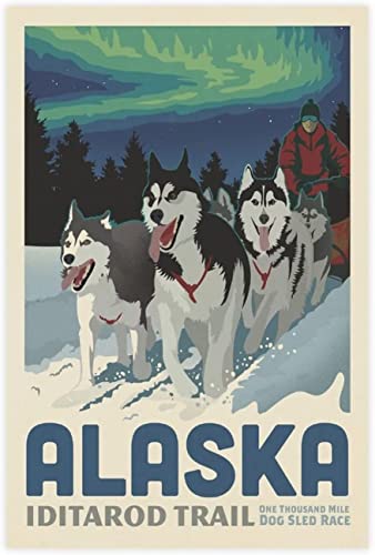 Wandbilder 40x60cm Kein Rahmen Vintage Reiseposter Alaska Iditarod Trail Hundeschlittenfahrt Leinwand Poster Druck Bild Wohnzimmer Schlafzimmer Dekor von ANMAC