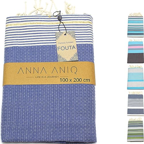 ANNA ANIQ Hamamtuch Fouta Sauna-Tuch XXL Extra Groß 197 x 100cm - 100% Baumwolle aus Tunesien ALS Strand-Tuch, orientalisches Bade-Tuch, Picknick, Yoga, Schal, Pestemal, Strand-Handtuch (Blau) von ANNA ANIQ