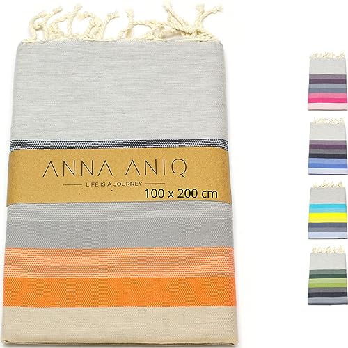 ANNA ANIQ Fouta Hamamtuch Strandtuch - Saunatuch XXL Extra Groß 200x100 cm - (Breite Streifen) - 100% gekämmte Baumwolle, Bade-Tuch, Pick-Nick, Yoga, Pestemal, Strand-Handtuch (Beige-Dunkelblau) von ANNA ANIQ