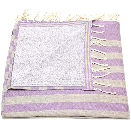 ANNA ANIQ Fouta Hamamtuch mit Frottee (eine Seite) - XXL Extra Groß 100x180 cm Strandtuch Saunatuch - 100% Baumwolle, Bade-Tuch, Picknick-Decke, Yoga, Pestemal, Strand-Handtuch (Hellviolett) von ANNA ANIQ