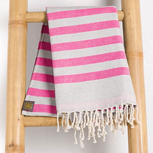 ANNA ANIQ Fouta Hamamtuch mit Frottee (eine Seite) - XXL Extra Groß 100x180 cm Strandtuch Saunatuch - 100% Baumwolle, Bade-Tuch, Picknick-Decke, Yoga, Pestemal, Strand-Handtuch (Neonpink) von ANNA ANIQ