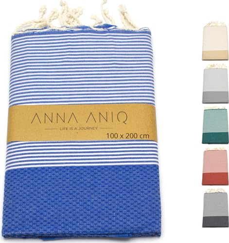 ANNA ANIQ Hamamtuch groß 100x200 cm Reise Strandtuch XXL Saunatuch Damen - 100% Baumwolle Fouta Pestemal Stranddecke Saunakilt Saunahandtuch Herren Badetuch Pareo Strandhandtuch (Blau) von ANNA ANIQ