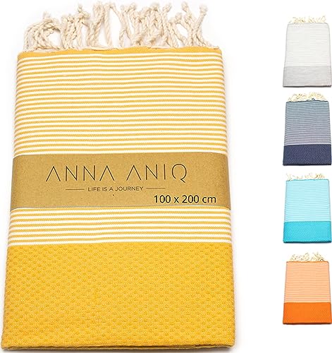 ANNA ANIQ Hamamtuch groß 100x200 cm Reise Strandtuch XXL Saunatuch Damen - 100% Baumwolle Fouta Pestemal Stranddecke Saunakilt Saunahandtuch Herren Badetuch Pareo Strandhandtuch (Gelb) von ANNA ANIQ