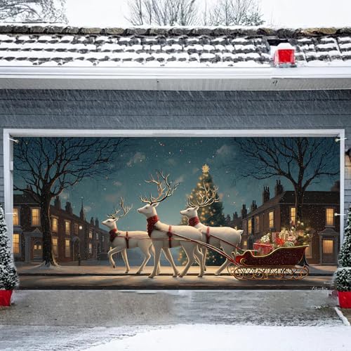 ANNA QUEEN Garagentor-Banner mit Aufschrift "Merry Christmas", 180,3 x 398,8 cm, Winter-Schneemann, Weihnachtsmann, 180,3 x 398,8 cm, Weihnachtsdekoration für Party (Rentier) von ANNA QUEEN