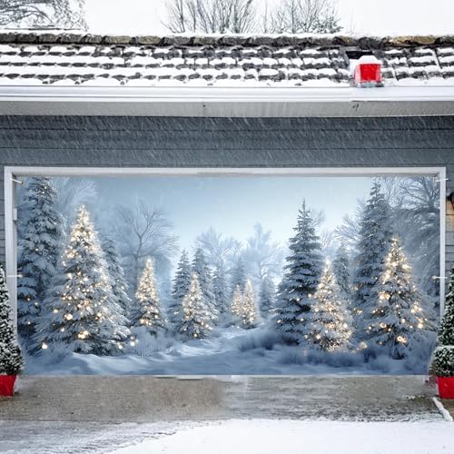 ANNA QUEEN Garagentor-Banner mit Aufschrift "Merry Christmas", 180,3 x 398,8 cm, Winter-Schneemann, Weihnachtsmann, 180,3 x 398,8 cm, Weihnachtsdekoration für Party (Schnee-Weihnachtsbaum) von ANNA QUEEN