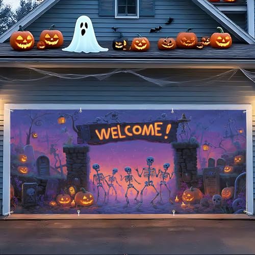 ANNA QUEEN Halloween-Dekorationen Garagentor-Banner 180,3 x 398,8 cm, Kürbis-Schädel, Geister-Hintergrund, Horror-Türabdeckung, Dekoration für Party (Halloween-Totenkopf Willkommen) von ANNA QUEEN