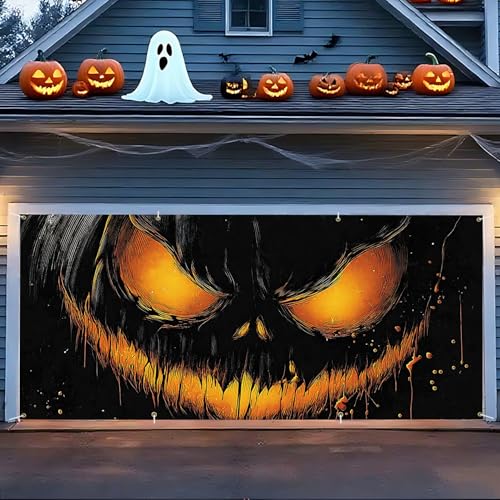 ANNA QUEEN Halloween-Dekorationen Garagentor-Banner 180,3 x 398,8 cm, Kürbis-Schädel, Geister-Hintergrund, Horror-Türabdeckung, Dekoration für Party (Kürbis-Teufelslampe) von ANNA QUEEN