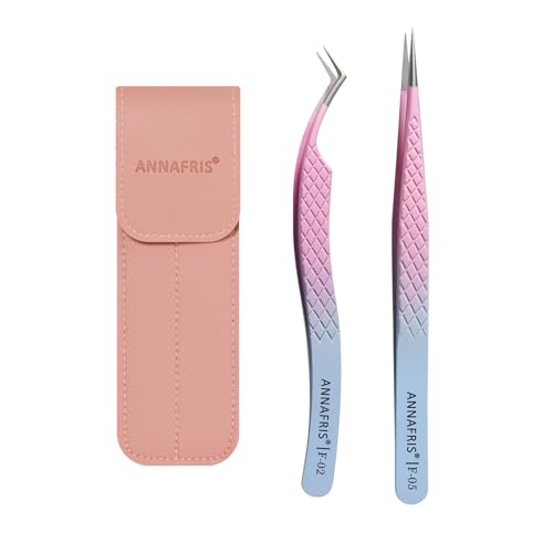 ANNAFRIS 2Pcs Wimpern Pinzette Edelstahl Pinzetten Gestreift Präzision Pinzetten Gerade Pinzette Gebogene Pinzetten Wimpernverlängerung Zubehör(F02+05) von ANNAFRIS