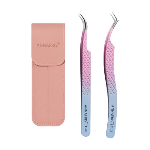 ANNAFRIS 2Pcs Wimpern Pinzette Edelstahl Pinzetten Gestreift Präzision Pinzetten Gerade Pinzette Gebogene Pinzetten Wimpernverlängerung Zubehör Professionelle(F01+02) von ANNAFRIS