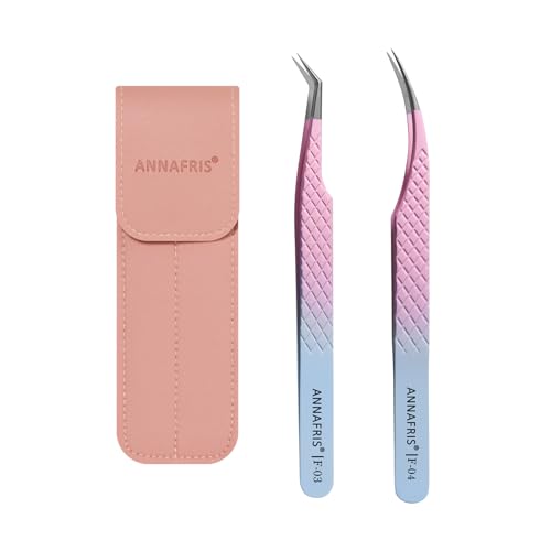 ANNAFRIS 2Pcs Wimpern Pinzette Edelstahl Pinzetten Gestreift Präzision Pinzetten Gerade Pinzette Gebogene Pinzetten Wimpernverlängerung Zubehör Professionelle(F03+04) von ANNAFRIS
