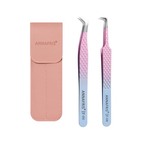 ANNAFRIS 2Pcs Wimpern Pinzette Edelstahl Pinzetten Gestreift Präzision Pinzetten Gerade Pinzette Gebogene Pinzetten Wimpernverlängerung Zubehör Professionelle(F06+08) von ANNAFRIS