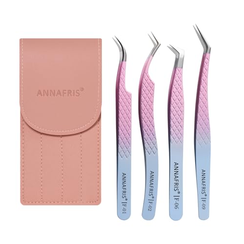 ANNAFRIS 4Pcs Wimpern Pinzette Edelstahl Pinzetten Gestreift Präzision Pinzetten Gerade Pinzette Gebogene Pinzetten Wimpernverlängerung Zubehör(F01+02+06+09) von ANNAFRIS