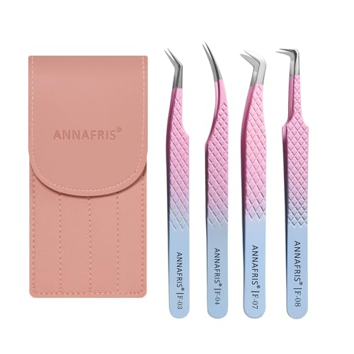 ANNAFRIS 4Pcs Wimpern Pinzette Edelstahl Pinzetten Gestreift Präzision Pinzetten Gerade Pinzette Gebogene Pinzetten Wimpernverlängerung Zubehör Professionelle(F03+04+07+08) von ANNAFRIS