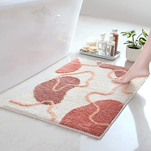 Badezimmerteppich, extra weicher und zotteliger Badteppich, ultra saugfähige Mikrofaser, Badezimmermatte, maschinenwaschbar, Badematten für Badezimmer, Dusche und Badezimmer (40.6x61 cm, Beige & Rot) von ANNARUGER