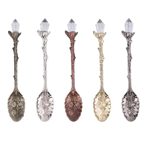 ANNASAMDO 5 Stück Vintage Espressolöffel, Kleine Kaffeelöffel Dessertlöffel Teelöffel, Retro Kristall Metall Löffel Dekorative Löffel Set für Kaffee Tee Dessert Mini Eis von ANNASAMDO