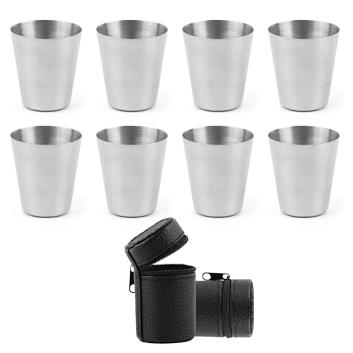 ANNASAMDO 8 Stück Edelstahlbecher 30ml Schnapsgläser Set, Tragbar Shot Gläser Trinkbecher Flachmann Becher Schnapsbecher Metall Becher mit 2 Leder Tasche für Outdoor Camping von ANNASAMDO