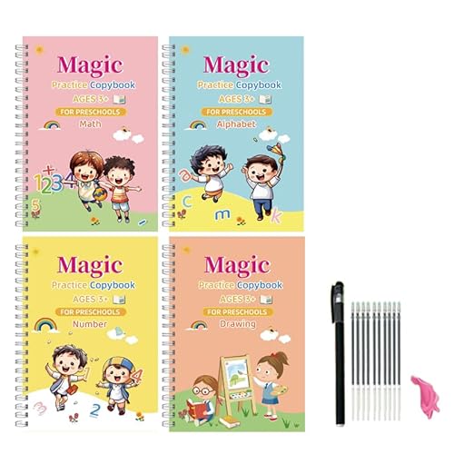 Handwriting Practice Books for Kids Aged 3-5 (6 Books) - Reusable Grooved Magic Workbooks with Pens - Alphabet, Math, Number, Drawing Nursery School Kit - 19x13cm von ANNCHILIO