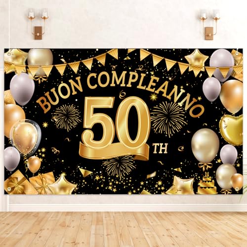 ANNERSAT Dekorationen 50 Jahre Geburtstag Party Banner 180x110cm Gold Schwarz Stoffposter Fotohintergrund für Frauen Männer von ANNERSAT
