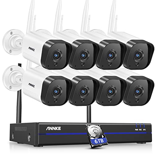 ANNKE 3MP Funk Überwachungskamera Set Aussen, 8CH 5MP NVR mit 8 Pcs 3MP WiFi Kameras, Videoüberwachungs Set mit 6TB Festplatte unterstützt Audioaufzeichnung, IP66 Wetterfest, kompatibel mit Alexa von ANNKE