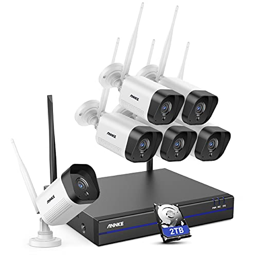 ANNKE 3MP Funk Überwachungskamera Set Aussen 8CH 5MP NVR mit 6 Pcs 3MP WiFi Kameras, Videoüberwachungssystem mit 2 TB Festplatte unterstützt Audioaufzeichnung, IP66 Wetterfest, kompatibel mit Alexa von ANNKE