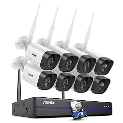 ANNKE 3MP Funk Überwachungskamera Set Aussen 8CH 5MP NVR mit 8 Pcs 3MP WiFi Kameras Videoüberwachungs Set mit 3TB Festplatte unterstützt Audioaufzeichnung, IP66 Wetterfest, kompatibel mit Alexa von ANNKE