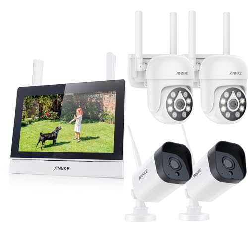 ANNKE Funk Überwachungskamera Set mit Monitor, 4CH 5MP 7" Zoll Touchscreen NVR Bildschrim mit 2 X 3MP Kameras und 2 X 5MP PT Überwachungskamera, Intelligente Personerkennung, H.264+, Nachtsicht von ANNKE