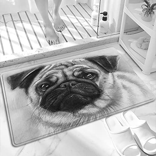 ANNKOOT Badematte, rutschfest Waschbar Badezimmerteppich 60x100 cm,Mop Zeichnung Mops-Hund,Badvorleger mit Wasserabsorbierenden, Weichen Mikrofasern für Badewanne, Dusche und Badezimmer von ANNKOOT