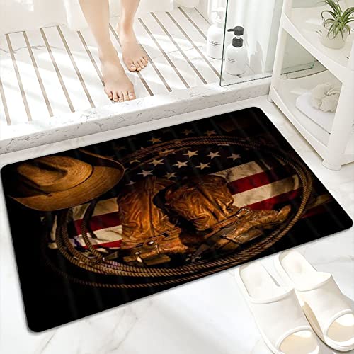 ANNKOOT Badematte, rutschfest Waschbar Badezimmerteppich 60x100 cm,Western-Cowboystiefel auf USA-Flagge,,Badvorleger mit Wasserabsorbierenden, Weichen Mikrofasern für Badewanne, Dusche und Badezimmer von ANNKOOT