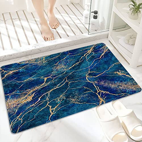 Badematte, rutschfest Waschbar Badezimmerteppich 60x100 cm,Abstrakter blauer Marmor mit goldenen Glitzera,Badvorleger mit Wasserabsorbierenden, Weichen Mikrofasern für Badewanne, Dusche und Badezimmer von ANNKOOT