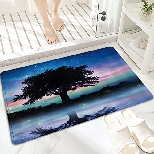 Badematte, rutschfest Waschbar Badezimmerteppich 60x100 cm,Art Dream Sternenhimmel Lonely Tree Firefly mi,Badvorleger mit Wasserabsorbierenden, Weichen Mikrofasern für Badewanne, Dusche und Badezimmer von ANNKOOT