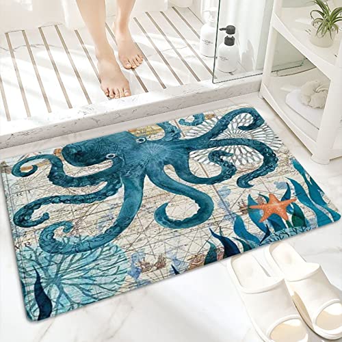 Badematte, rutschfest Waschbar Badezimmerteppich 60x100 cm,Octopus Nautical Blue Map Navigation unter der,Badvorleger mit Wasserabsorbierenden, Weichen Mikrofasern für Badewanne, Dusche und Badezimmer von ANNKOOT