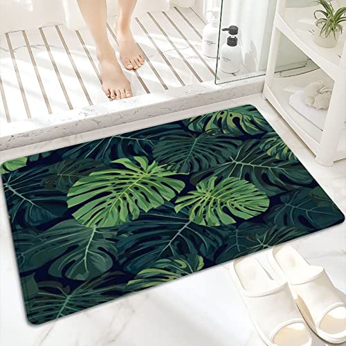 Badematte, rutschfest Waschbar Badezimmerteppich 60x100 cm,Tropische Pflanzen grünes Monstera abstraktes ,Badvorleger mit Wasserabsorbierenden, Weichen Mikrofasern für Badewanne, Dusche und Badezimmer von ANNKOOT