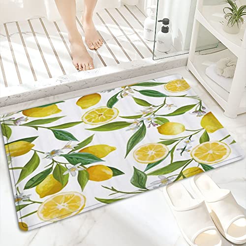 Badematte, rutschfest Waschbar Badezimmerteppich 60x100 cm,Zitronen-lustige gelbe Frucht mit Blatt-Blumen,Badvorleger mit Wasserabsorbierenden, Weichen Mikrofasern für Badewanne, Dusche und Badezimmer von ANNKOOT