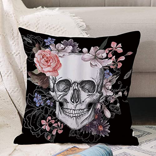 Kissenbezug 45x45 cm,Blumen Sugar Skull Skelette Allerheiligen Halloween Pink Rose Schwarz-,Outdoor Kissen Kissenbezüge Kissenhülle Sofa Kissen dekokissen Zierkissen für Wohnzimmer Garten deko draußen von ANNKOOT