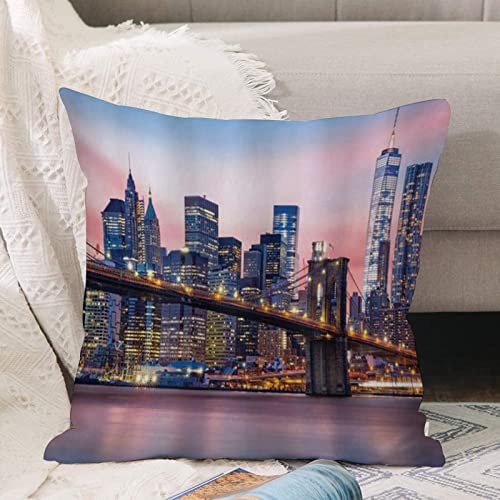 Kissenbezug 45x45 cm,New York Brooklyn Bridge und Lower Manhattan Skyline unter Pink Sunris,Outdoor Kissen Kissenbezüge Kissenhülle Sofa Kissen dekokissen Zierkissen für Wohnzimmer Garten deko draußen von ANNKOOT